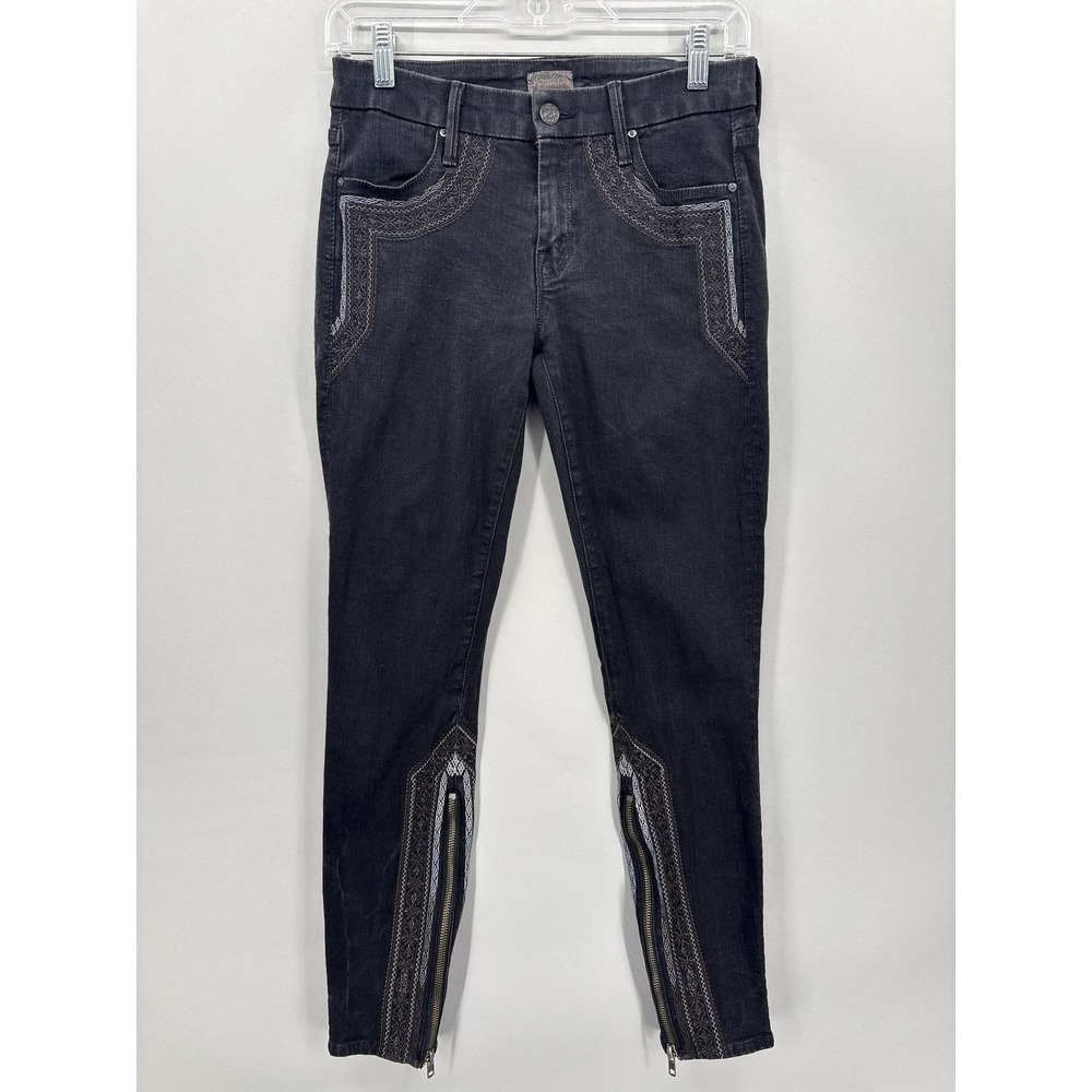 Mother Jeans Womens 27 Black The Looker Inside Zip Skinny Embroidered USA Boho